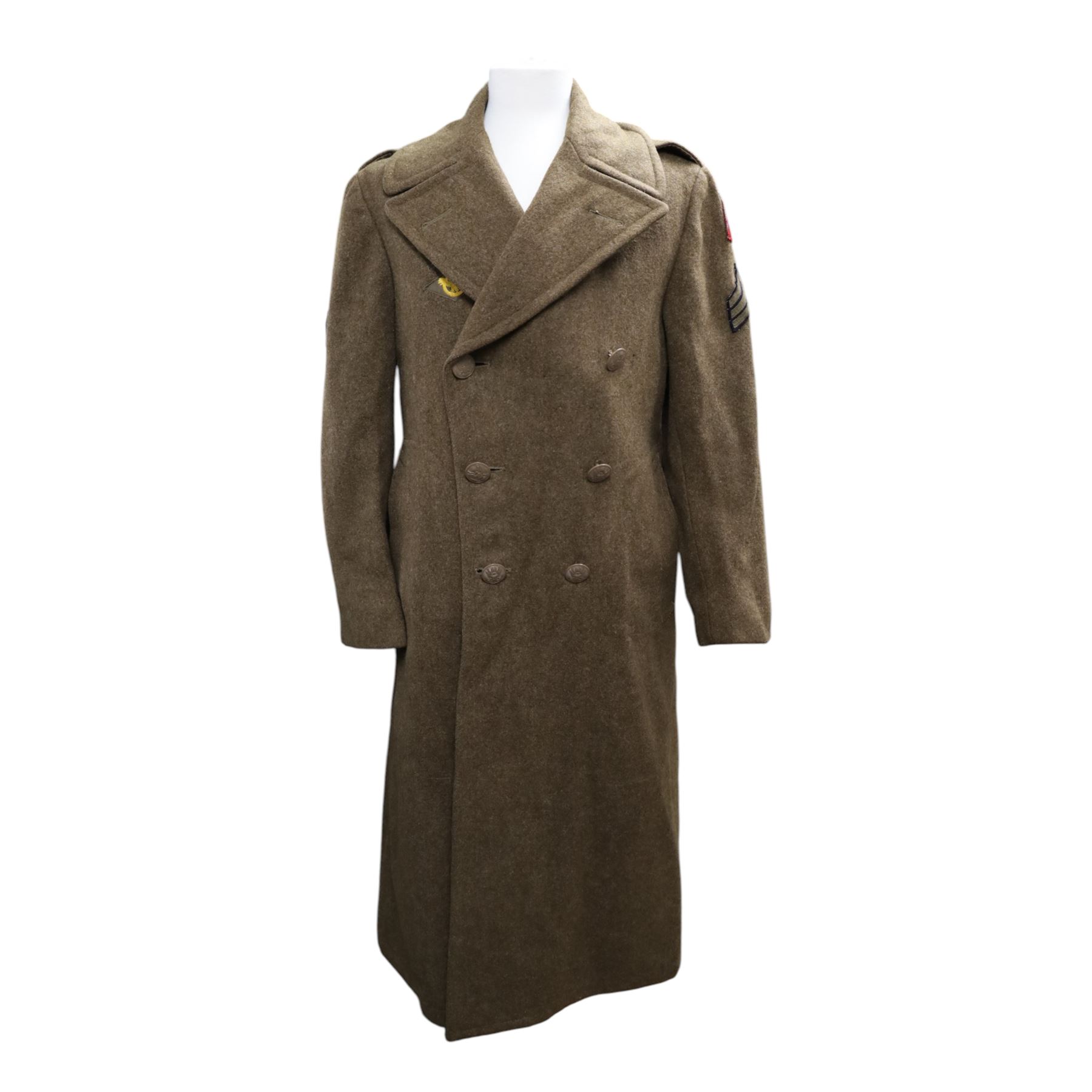 Army long wool jacket, with US Army WWII 82nd Airborne division patch, stamped inside 36R