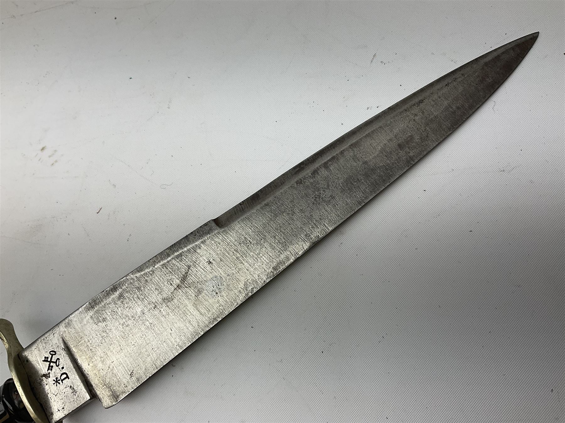 Hunting knife by J Nowill & Sons, Sheffield, the handle inset with mother of pearl, blade length 19cm; George Wolstenholme IXL lock-knife with antler scales L29cm open; and another Bowie style hunting knife marked 'V.R. Warranted Sheffield Joseph Ellis & Sons' in leather sheath (3)