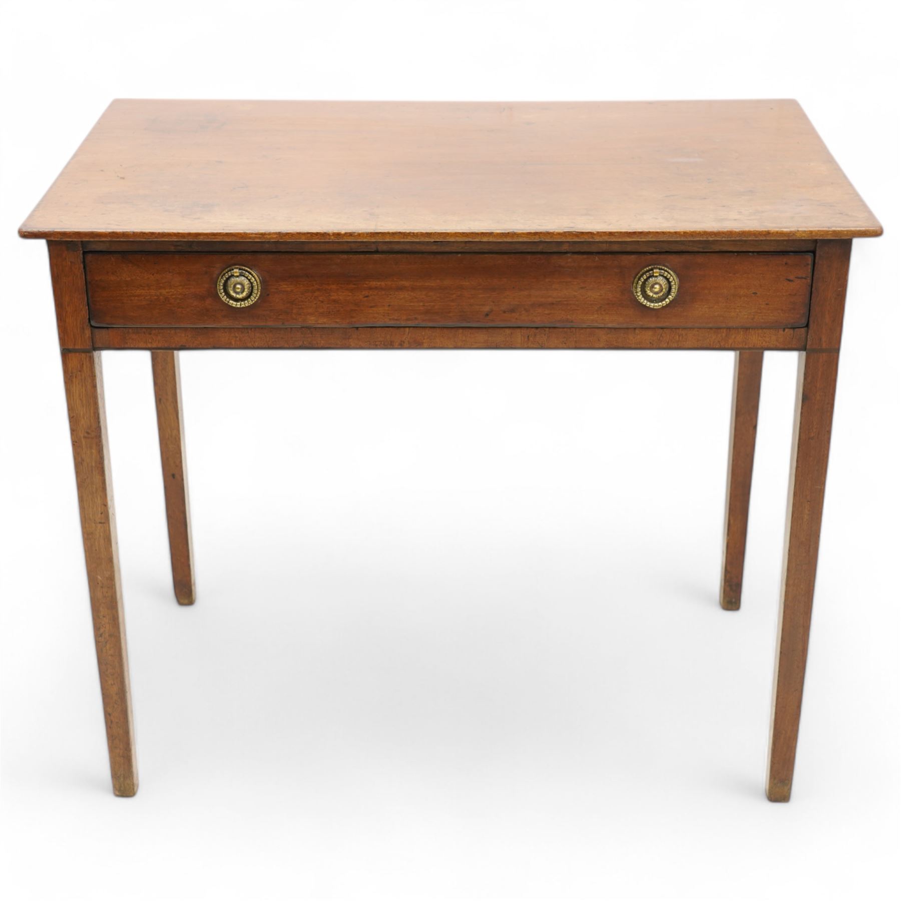 George III mahogany side table, rectangular top over single drawer, fitted with brass ring handles and pressed circular plates, on square tapering supports