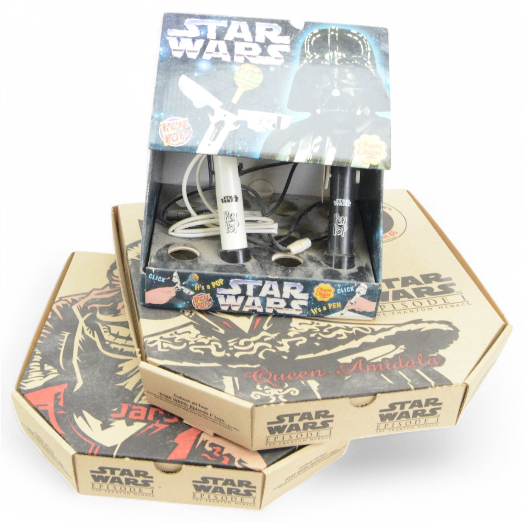 Star Wars collectables and ephemera, including Kelloggs Episode I figures, 1990s Pez Dispensers, Chupa Chups Pop Machine, Stationery, two Tazo Collector's Force Packs, nine KFC buckets and Star Wars related food packaging, inlcuding opened crisp packets and Pepsi cans, etc
