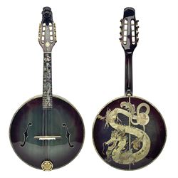 Chinese F-hole eight-string mandolin with sunburst finish, mother-of-pearl inlay of dragons chasing the flaming pearl and dragon carved headstock L71cm