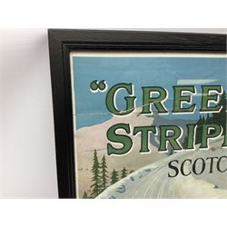 Two framed advertising posters for whisky, the first example for Green Stripe Scotch Whisky and the second for O.V.G Scotch Whisky, H53cm 