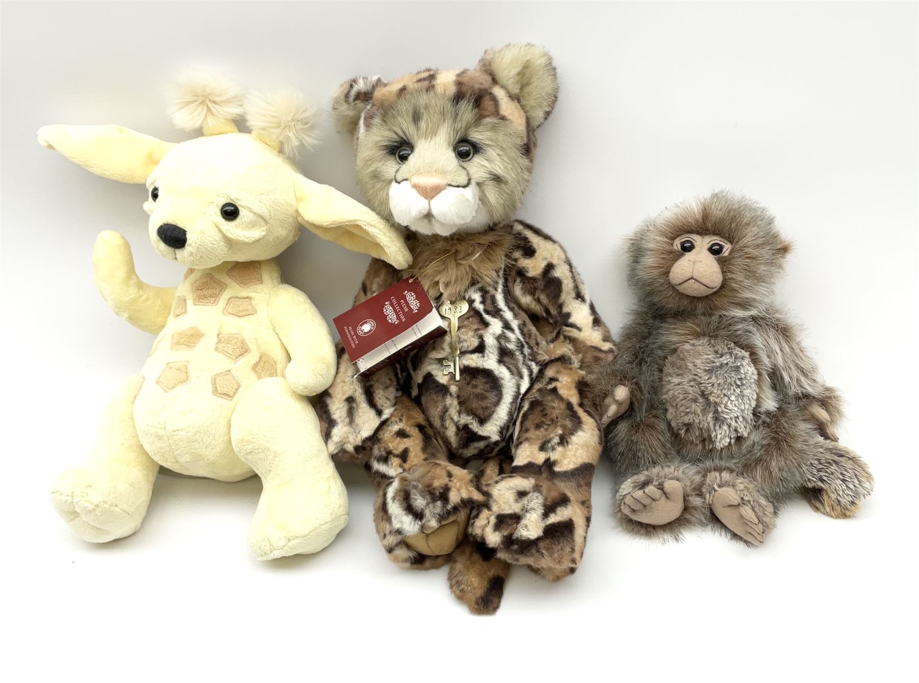 Three Charlie Bears wild animals - 'Annuska' leopard with metal key pendant and card name tag H43cm; 'Gaston Giraffe' ; and 'Pimky the Monkey' CB161656B; no carry bags (3)