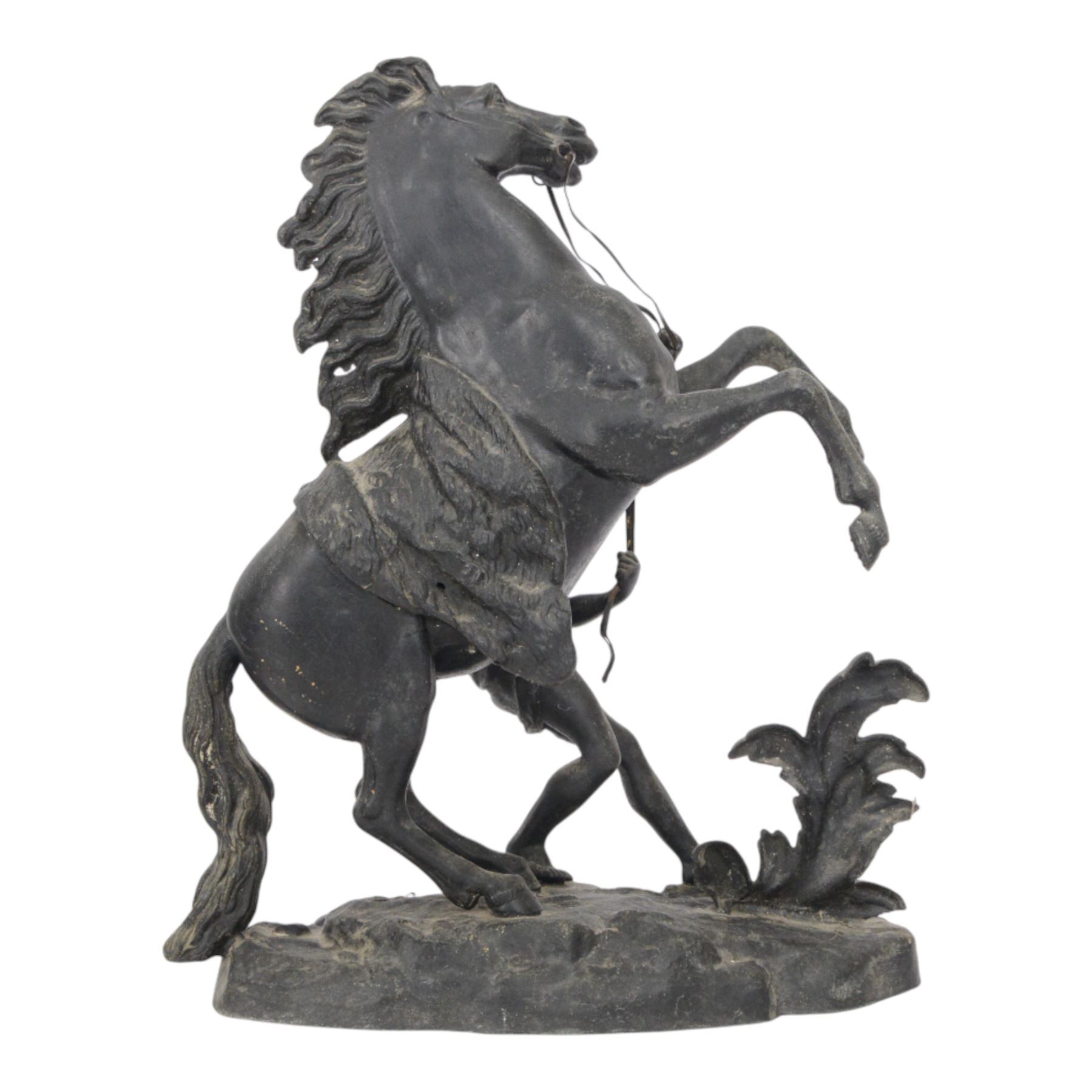 Three spelter Marley Horse figures, after Guillaume Coustou, each modelled as a rearing horse restrained by  groom, tallest H41cm