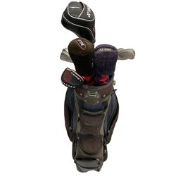 TaylorMade 360 set of golf irons, Yonex driver, Titleist woods, Odyssey Versa 7 putter, Slazenger golf balls and tees, in carry bag