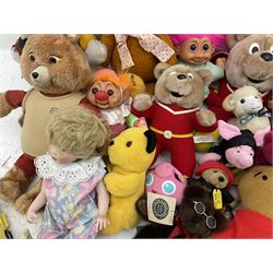 Quantity of stuffed toys and dolls to include Teddy Ruxpin, Cabbage Patch, Troll doll, and a quantity of plastic toys including Sylvanian Families Country School etc, in two boxes