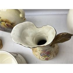 Fieldings Crown Devon Windsor pattern wash jug and bowl, together with two blush ivory ewers and other Victorian ceramics to include twin handled vase of flattened form and jug, tallest H36cm