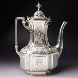 Victorian silver tea and coffee set engraved with classical urns, oval paterae and scrolling foliage, monogram and 'Diligentia et Honore' comprising teapot, tea kettle on spirit heater stand, coffee pot, two handled sugar bowl and cream jug Sheffield 1891 Maker John Round & Son Ltd