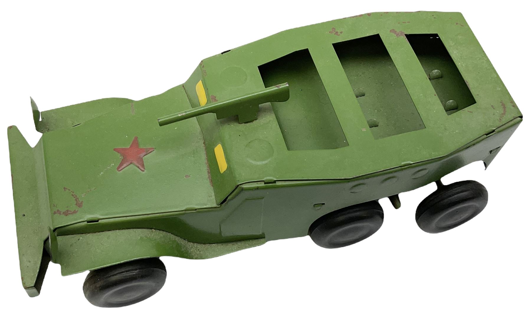 Various Makers - military vehicles comprising Schuco Kubelwagen and two Russian tanks, all boxed; and quantity of unboxed and playworn models including five Crescent Field Guns and Ammunition Limbers, Crescent Heavy Rescue Crane, Johilco Mobile Searchlight, Britains German Army BMW Combination, two Skybirds trucks etc; and a tin-plate armoured car.