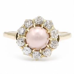 Gold pearl and diamond cluster ring, single pink pearl surrounded by ten old cut diamonds,...