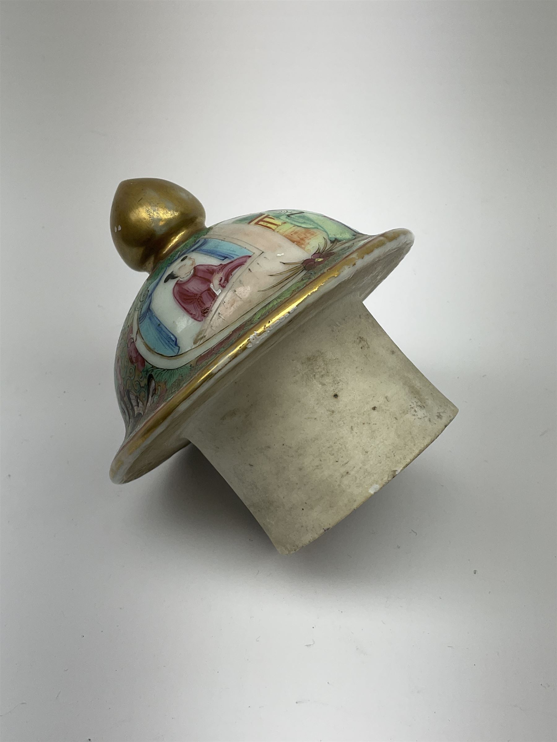 A 19th century Chinese Canton Famille Rose vase, of globular form with tall neck, and cover with finial, decorated with alternating panels of figural scenes, and birds and butterflies amongst blossoming and fruiting trees, with foliate surround against gilt, overall H57cm. 