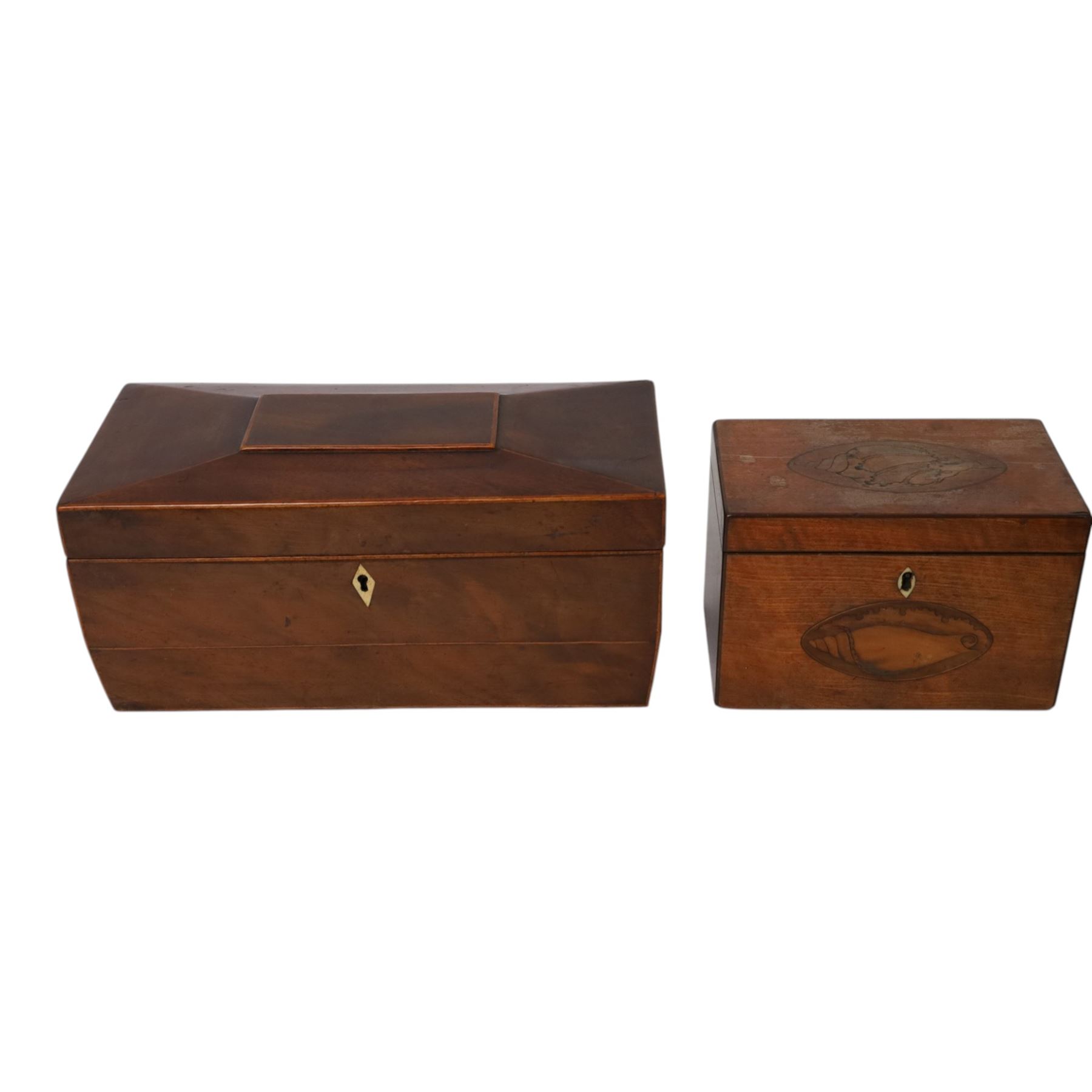 Marquetry inlaid satinwood tea caddy, of rectangular for the hinged cover and front with conch shell motifs, with two compartments, together with a sarcophagus shaped tea caddy