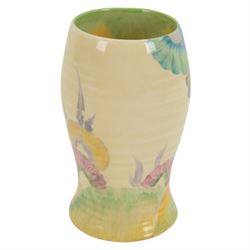Clarice Cliff Bizarre Rhodanthe pattern vase, shape 583, with green, red, yellow and brown foliate decoration, H15cm
