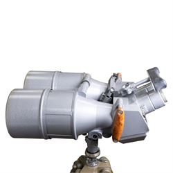 Pair of mid 20th century Russian Helios PNB-2 military observation binoculars, no. 40149, each 'Big Eye' lens 13cm in diameter, with 80 degrees vertical elevation, 360 degrees rotation, spirit level to centre of body, contained in wooden stow case with service manual, canvas cover, two lens caps, a small latched metal tin containing lenses and accessories and on adjustable wooden tripod painted green with pointed feet,  with a small latched metal tin containing eight lenses and accessories