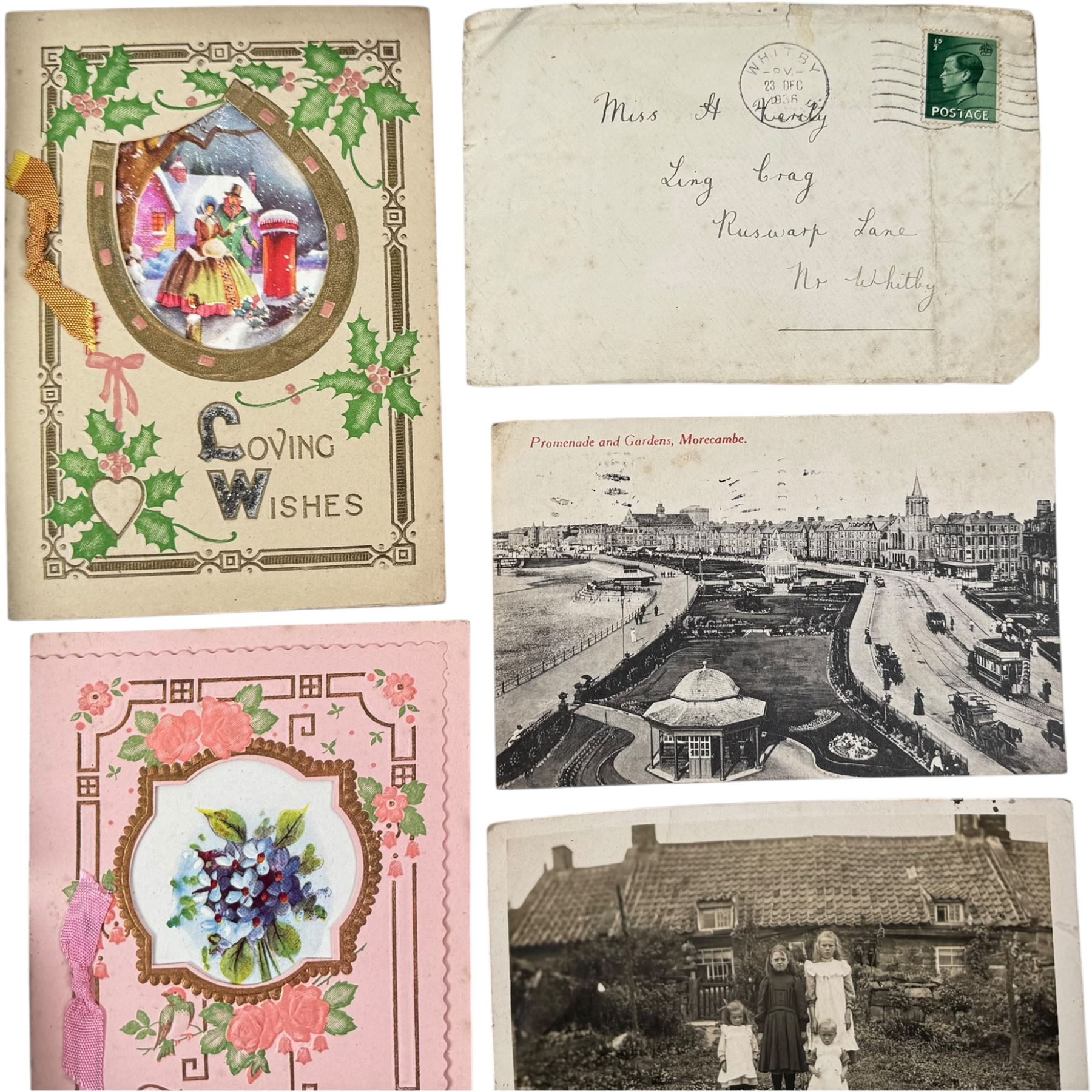 Postcards, greetings cards, and cigarette cards, including embroidered examples