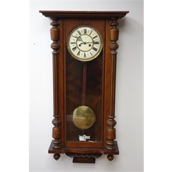  Victorian walnut Vienna style wall clock, Roman dial with twin train movement and brass pendulum,   