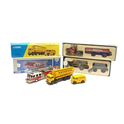 Corgi - four modern die-cast haulage vehicles comprising limited edition E-One 75ft Ladder Duncan Fire Department No.54902, limited edition Mack B Series Semi Skirted Tanker Union 76 No.53203, Dibnah's Choice Sentinel Dropside Waggon, Trailer & Load No.CC20001 and limited edition National Benzole Foden FG Cylindrical Tanker & Morris J Van No.31002, all boxed (4)