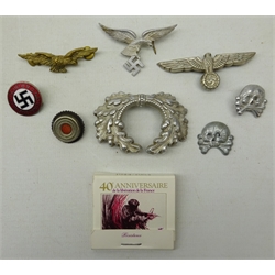  WWll interest Badges including enamelled Nazi Party membership  with RZM M1/153 reverse, two Panzer Totenkopf badges, two cap eagles, cockade with wreath, Italian Fascist badge etc  