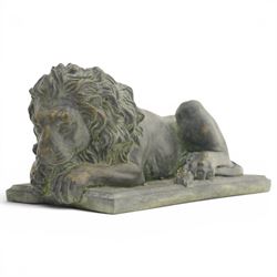 Pair of bronze effect lion figures, recumbent form with carved-style manes and outstretched forepaws, each on a rectangular base, with weathered green patinated finish