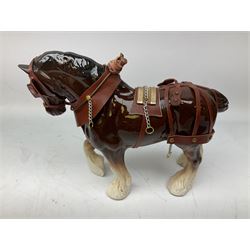 Collection of ceramic horses, including shire horses, with harnesses etc (6)