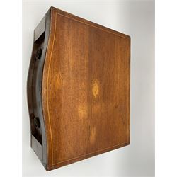 Late 19th/early 20th century composite canteen of silver flatware, contained within an early 20th century mahogany serpentine fronted case with twin drop carry handles, and hinged cover with boxwood stringing and central inlaid shell motif, above a single drawer with twin ring handles and Wellington style locking system, the cover and drawer opening to reveal plaque for Spink & Sons Ltd London, and fitted interior containing ivory handled knives, ivory handled carving set, and silver Hanoverian and Old English pattern cutlery, each with engraved monogram to terminal, hallmarked London, makers Spink & Son (John Marshall Spink), Goldsmiths & Silversmiths Co, and Chawner & Co (George William Adams), various dates ranging 1880-1923, gross weighable silver 92.59 ozt (2880 grams)