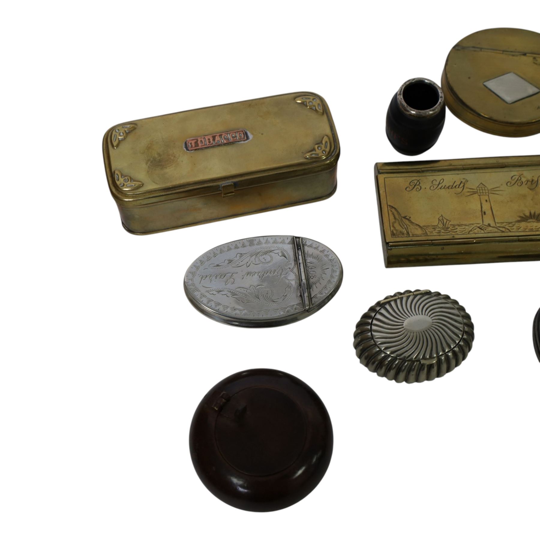 Collection of tobacco boxes and similar, including brass examples, together with match holder with silver collar, ashtray etc  