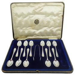 Early 20th century part set of eleven silver teaspoons and pair of sugar tongs, hallmarked Cooper Brothers & Sons Ltd, Sheffield 1910 and 1911, contained within a fitted case, approximate total silver weight 4.62 ozt (144 grams)
