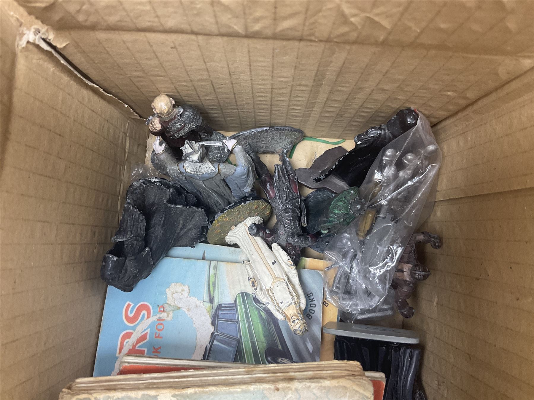 Warhammer NLP Lord of the Rings figures, together with Orbit and Pixie books, Mad magazines, craft equipment, Friends DVD collection, large collection of Warhammer style unpainted metal figures, souvenir spoons and a collection of boxes, etc in two boxes 