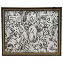Barry De More (Yorkshire 1948-2023) after El Greco (Greek 1541-1614): '
Christ Driving the Money Changers from the Temple', charcoal heightened with white, signed and titled verso 37cm x 47cm
Notes: Acclaimed as one of the North's greatest expressionist artists, Barry De More (1948-2023) used a heavy impasto style to transfer his love of Yorkshire landscapes, townscapes and people to canvas. His work sits comfortably in the company of work by Kossoff and Auerbach, selling to collectors in the UK and overseas. De More's work can be found in the permanent collection of work by Northern Artists at Dean Clough, one of the UK's largest contemporary art galleries.