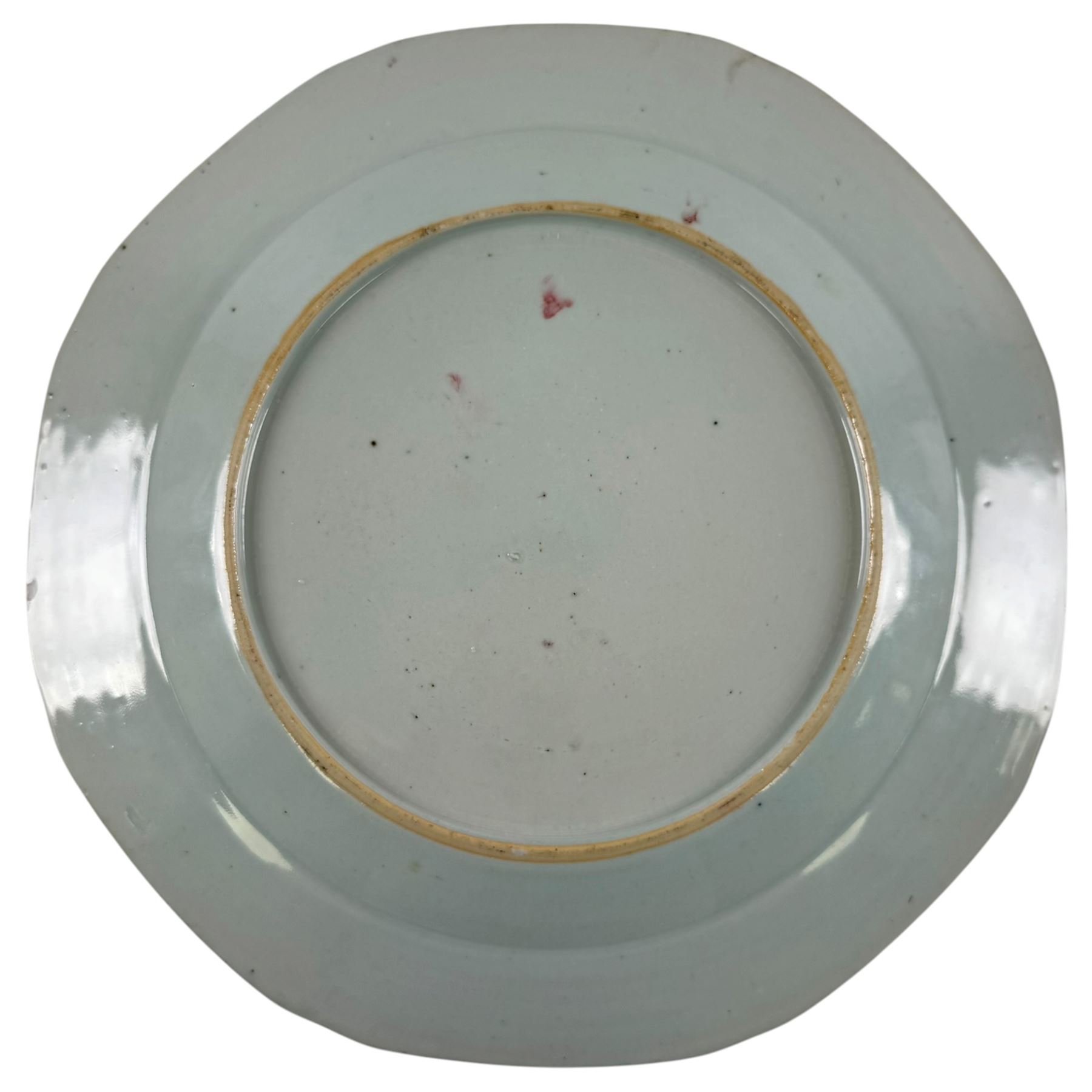 Chinese Qianlong plate of hexagonal form, decorated with riverside scene in a floral boarder D23cm