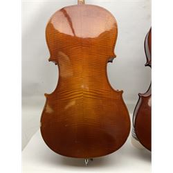 Modern Hungarian half-size cello with 69cm two-piece maple back and ribs and spruce top L114cm overall; and Stentor half size cello bearing label 'The Stentor Student II'; each in soft carrying case (2)