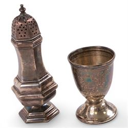 Silver egg cup, pepper shaker and cut glass jar with silver lid, all hallmarked
