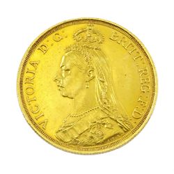 Queen Victoria 1887 specimen coin set, comprising gold half sovereign, sovereign, two pounds and five pounds, silver threepence, sixpence, shilling, florin, halfcrown, double florin and crown, housed in purple velvet case
