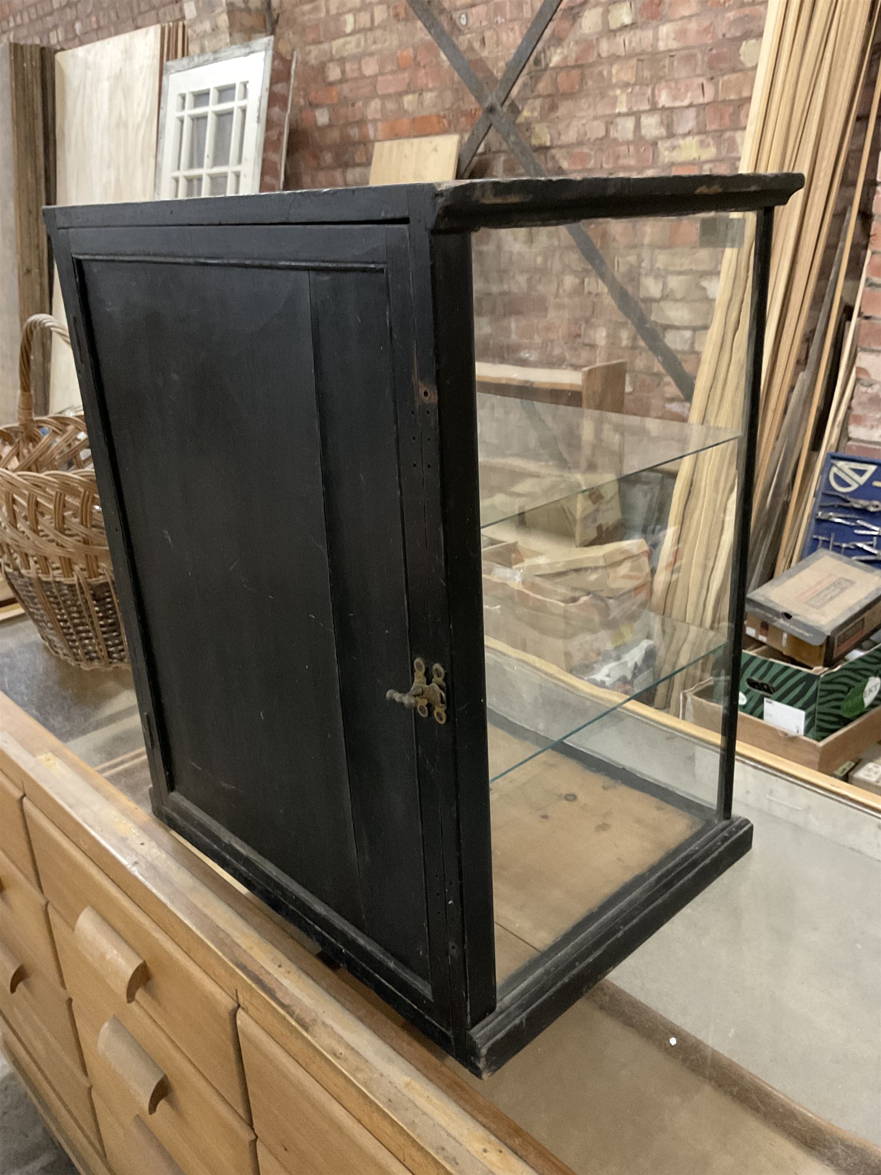 J S Fry & Sons - Victorian glazed and ebonised chocolate countertop display cabinet, fitted with single mirror back door to the rear enclosing two glass shelves, engraved gilt typeface to base - THIS LOT IS TO BE COLLECTED BY APPOINTMENT FROM THE OLD BUFFER DEPOT, MELBOURNE PLACE, SOWERBY, THIRSK, YO7 1QY