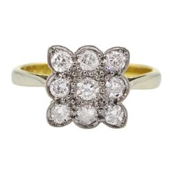 Early-mid 20th century 18ct gold milgrain set diamond square cluster ring, stamped, total diamond weight approx 0.45 carat
