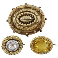 Victorian 9ct rose oval mourning brooch, gold citrine brooch and one other stone set brooch 