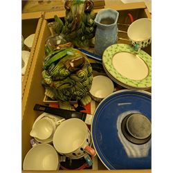 Pair of foo dogs, enamel pans and a collection of teacups, saucers and other ceramics