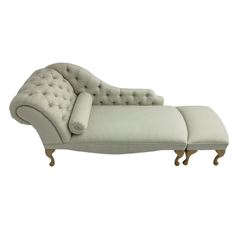Chaise longue upholstered in striped fabric with buttoned back, on light beech cabriole feet, together with matching footstool