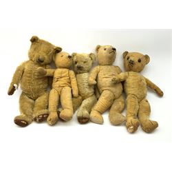 Five English teddy bears 1930s-50s, all well loved and playworn for restoration or spares/repair (5)