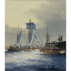 Ken Hammond (British 1948-): Sailing Vessels Entering Harbour, oil on board signed 17cm x 15cm