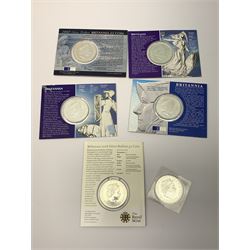 Six silver bullion two pound Britannia coins, each containing one troy ounce of fine silver, 2000, 2001, 2003, 2005, 2007 and 2008, all except 2005 on card holders