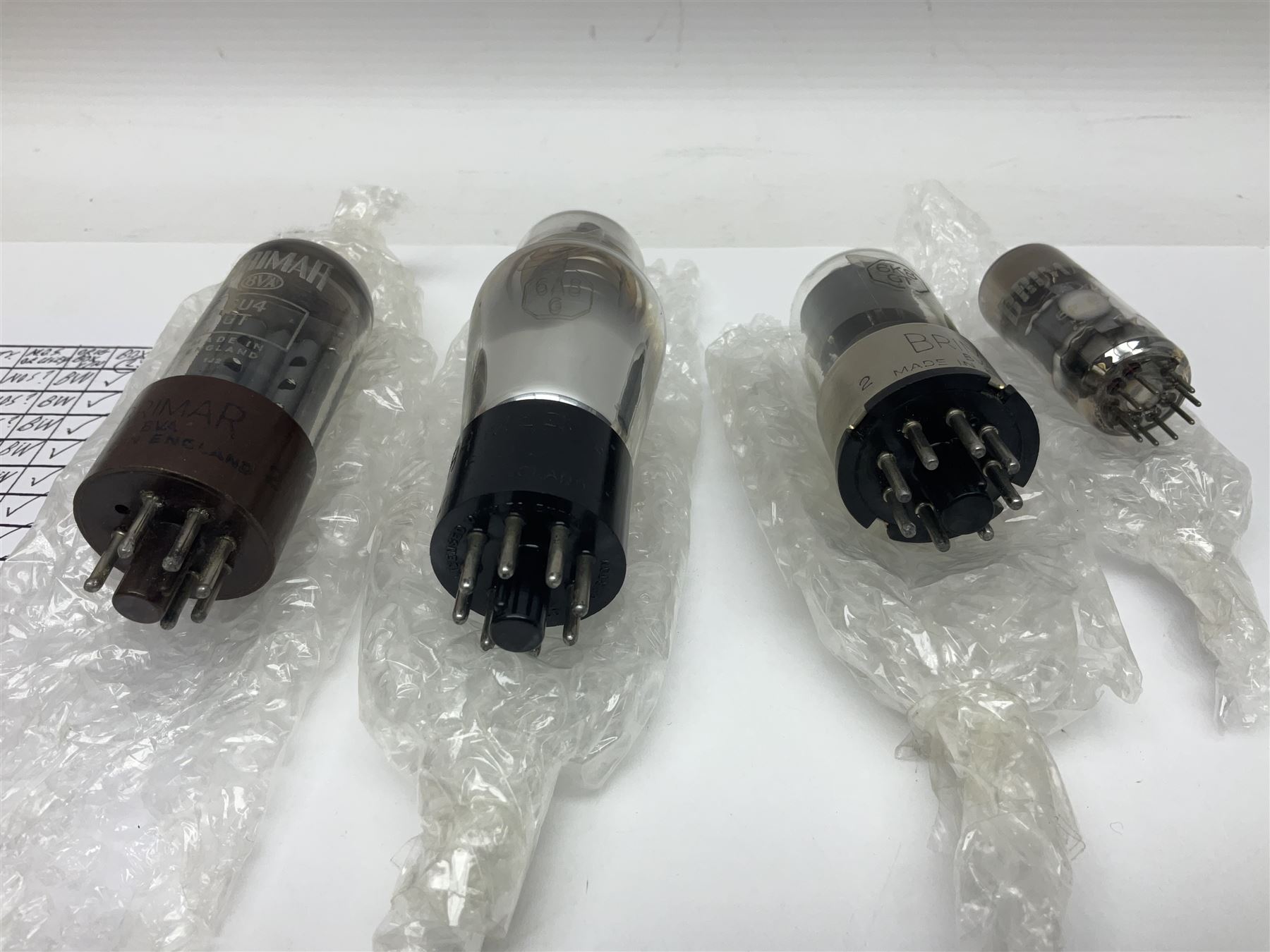 Collection of Brimar thermionic radio valves/vacuum tubes, including EF80, 6U4GT, 6A8G, 6K8GT, etc approximately 20 as per list, unboxed