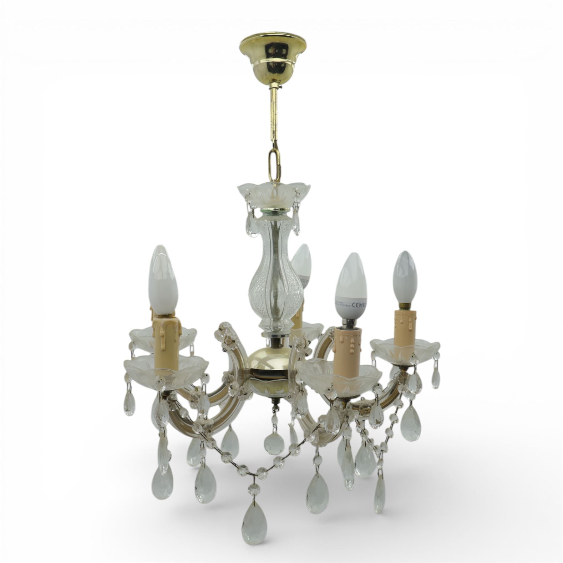 Mid-20th century glass and brass five branch chandelier, with glass drops and drip trays 