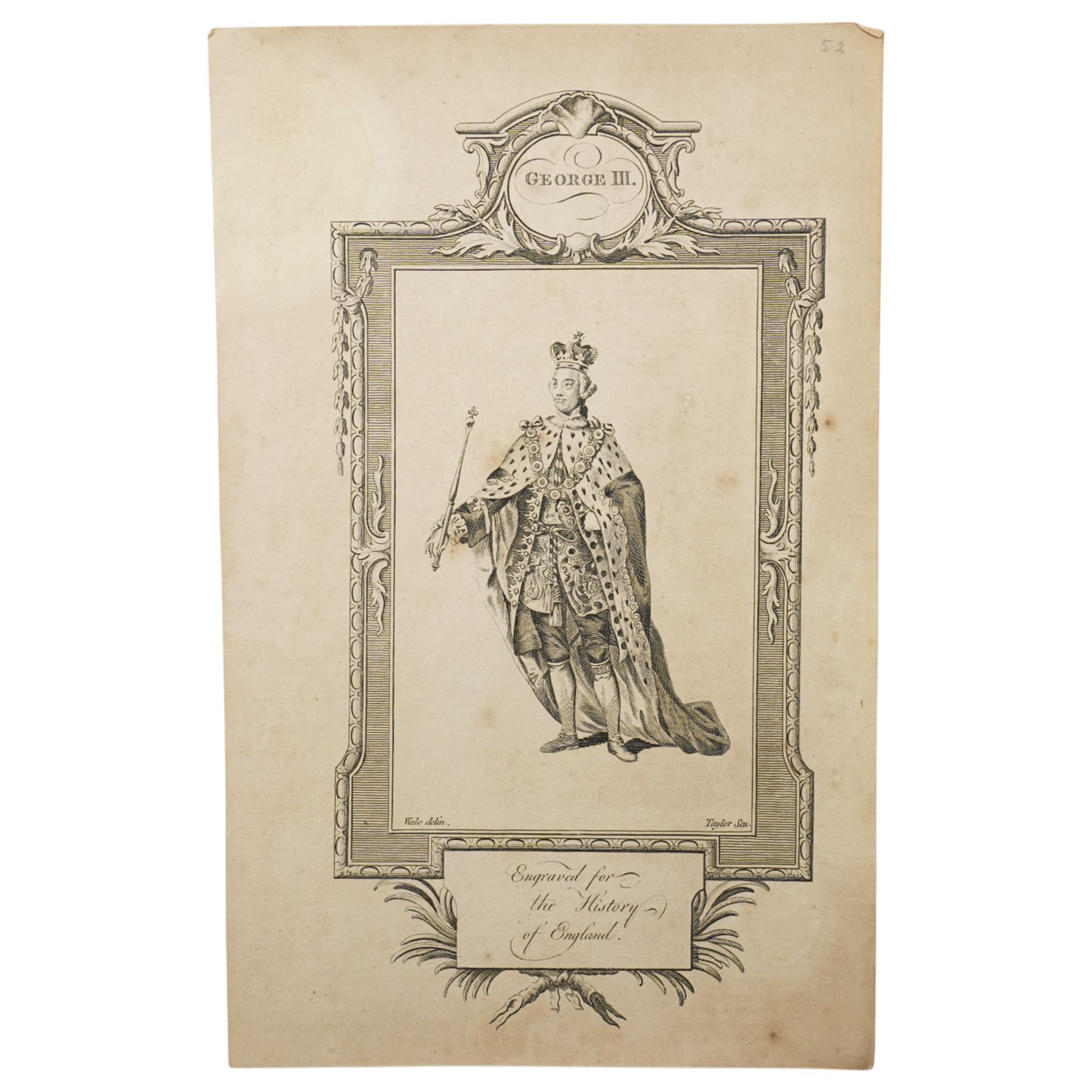 After Samuel Wale (British 1721-1786): Russell's - 'The History of England': A group of engraved plates of English monarchs from Britannia (plate 0) to George III (plate 52) and Queen Charlotte (plate 53), set forty-nine engravings drawn by Samuel Wale for Rev. William Russell’s History of England, pub. c.1770s–1780s, 32cm x 18cm (49) (unframed)
Provenance: consigned by English Heritage