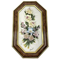 Set of three capo-de-monte wall plaques, depicting floral decoration in octagonal frame with gilt edging, largest plaque H48, two small plaques H31cm.    