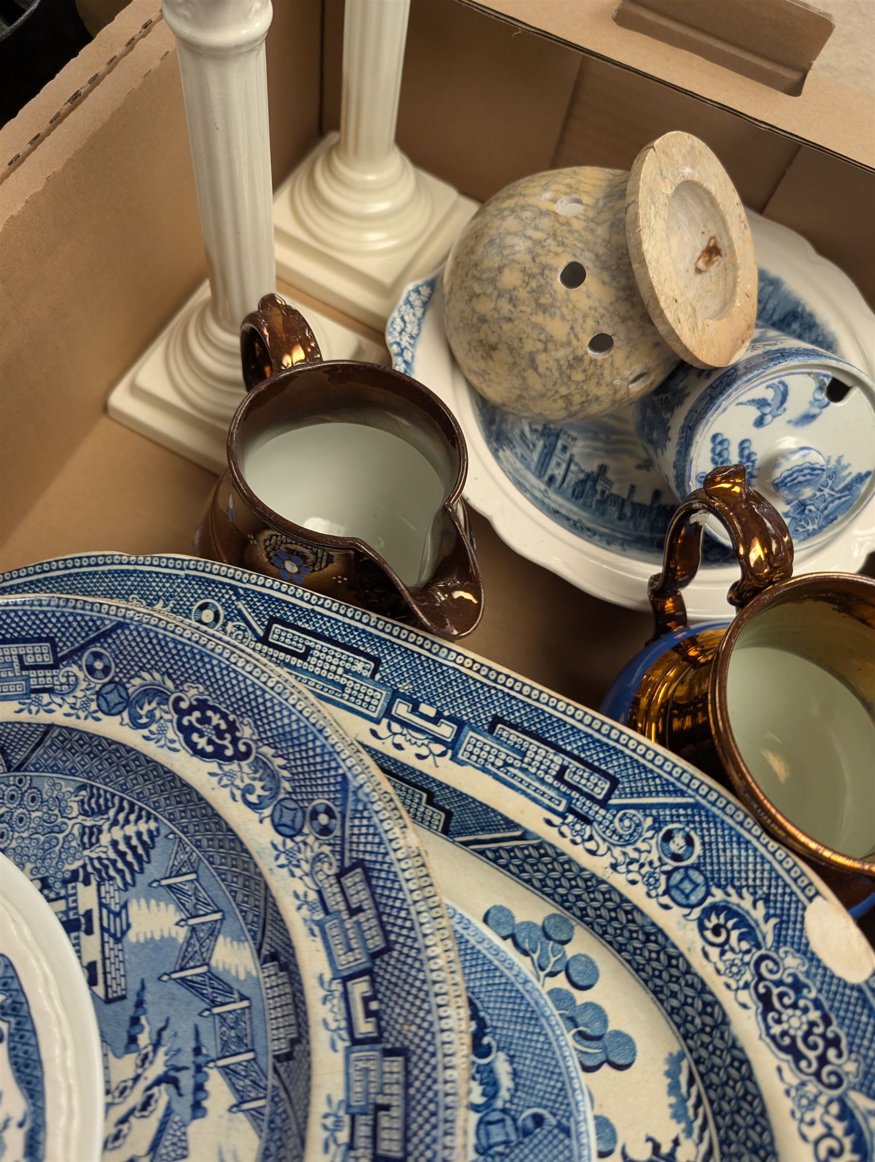 Villeroy & Boch Cheyenne pattern part tea service, pair of ceramic candlesticks, blue and white platters and plates, wooden stands etc
