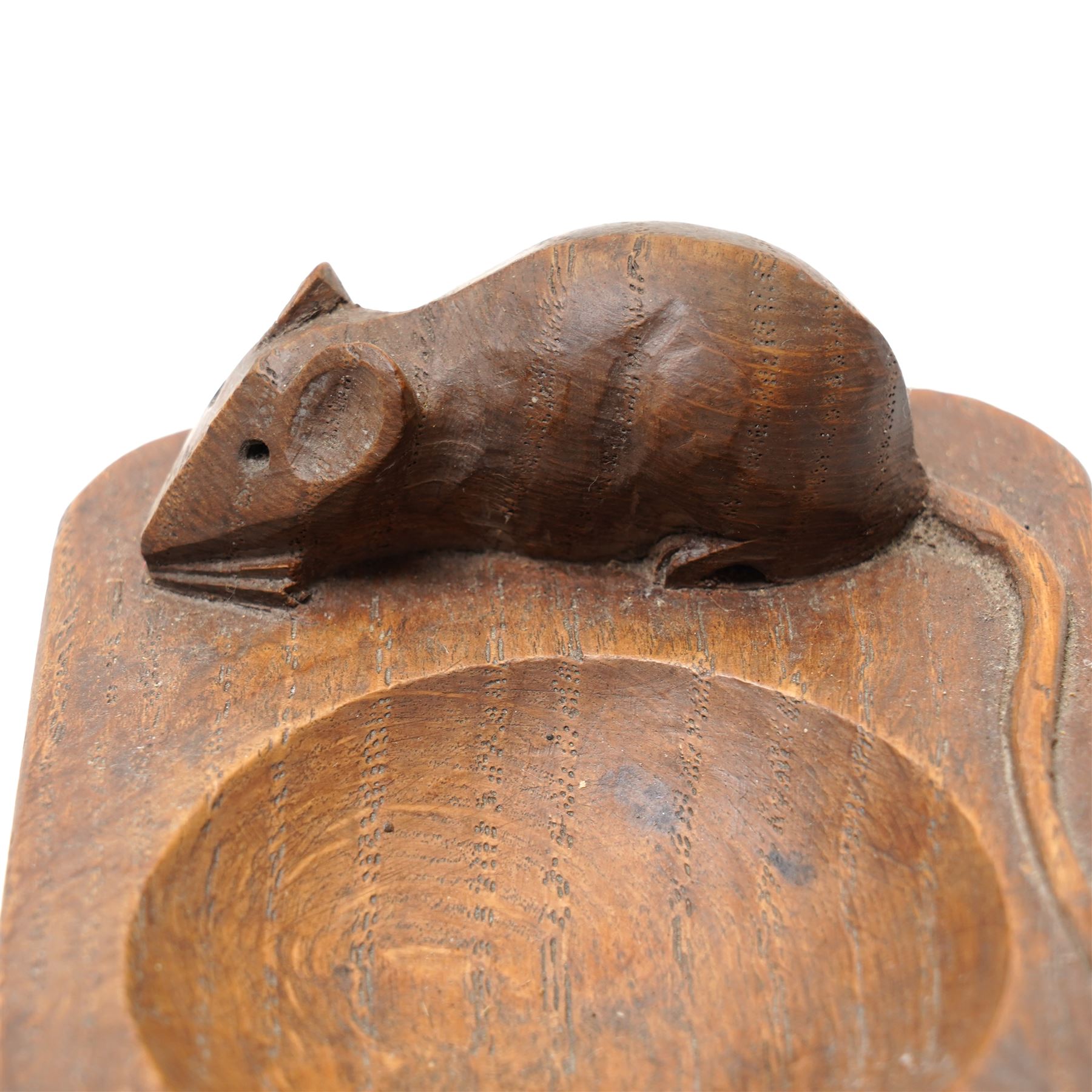 Mouseman - tooled oak ashtray, rectangular form with canted and rounded corners, engraved to the edge HH MM 1957, carved with mouse signature, by the workshop of Robert Thompson, Kilburn, W10cm