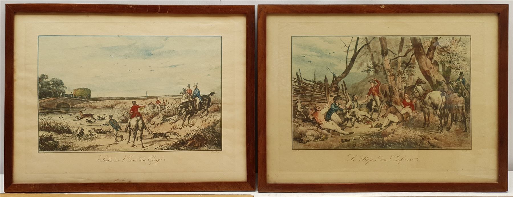 After Charles Loraine Smith (British 1751-1835): 'The Smoking Hunt' and 'Bagging the Fox', pair 20th century aquatints 24cm x 33cm, together with two similar French hunting aquatints 20cm x 32cm (4)