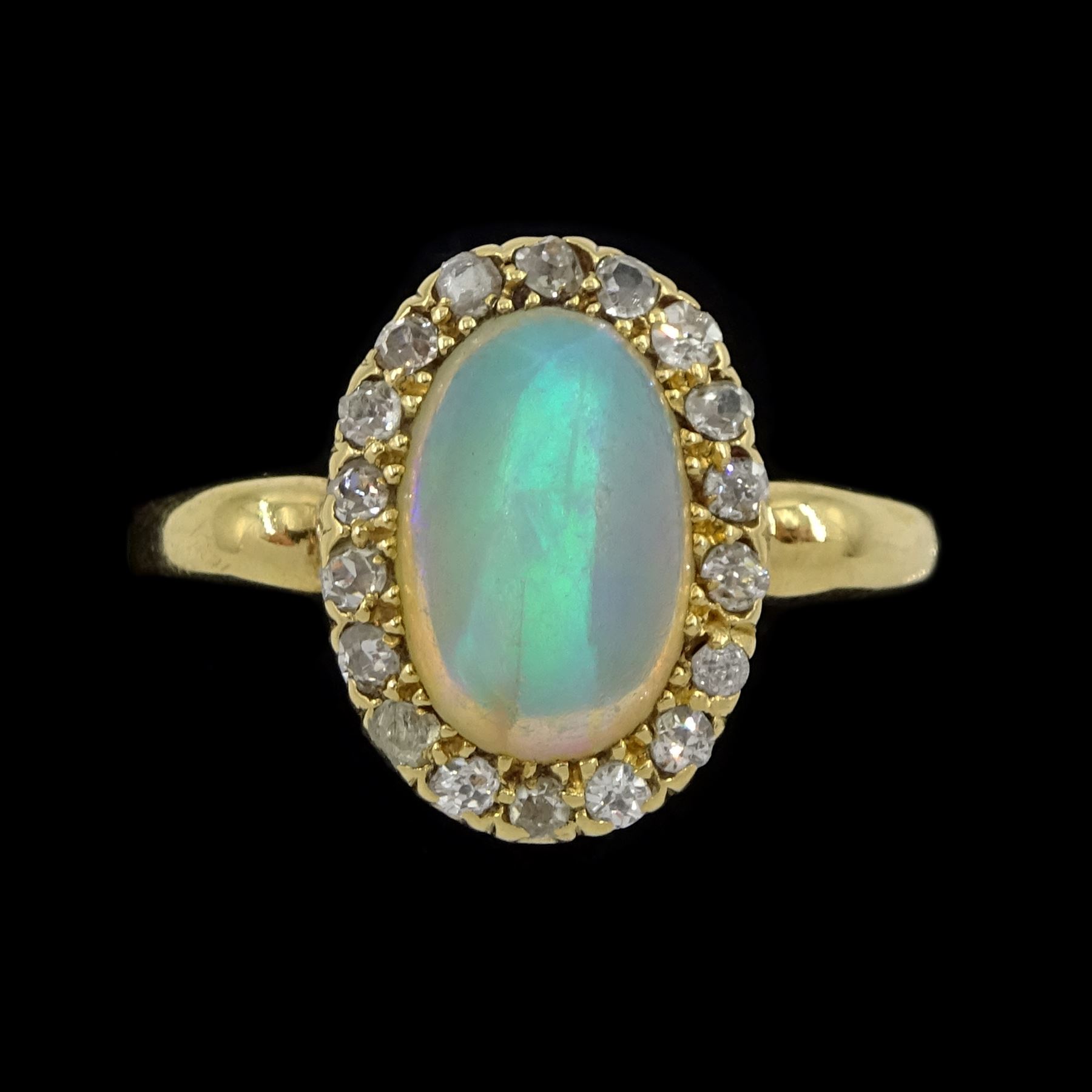 Victorian 18ct gold opal and old cut diamond cluster ring, Birmingham 1898