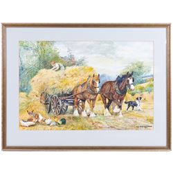 Dorothy Margaret Alderson (British 1900-1992) and Elizabeth Mary Alderson (British 1900-1988): Pulling the Hay Cart, watercolour signed and dated 1977, 36cm x 54cm